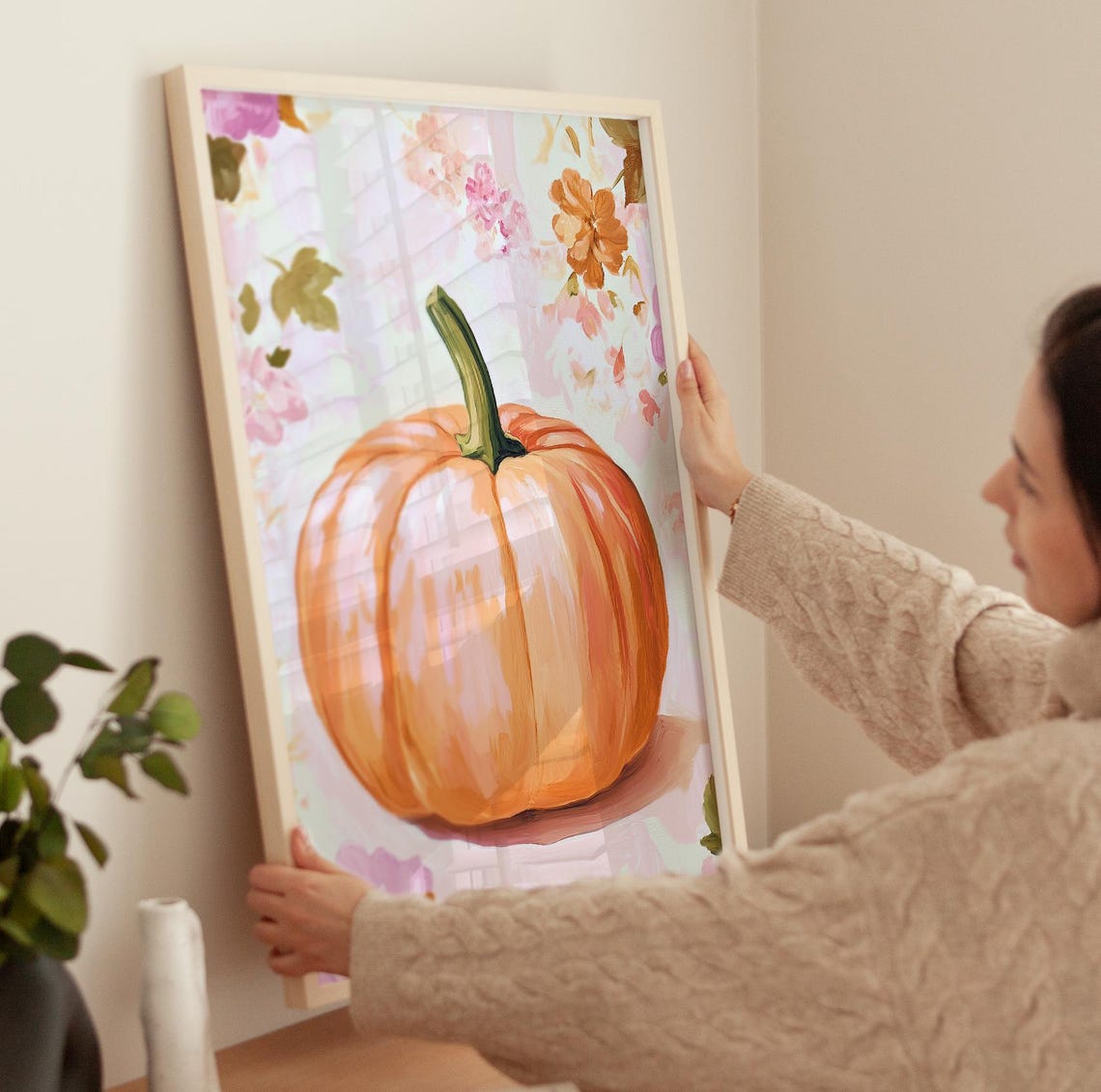 Pink Pumpkin on Floral Background Soft Autumn Fall Decor Art Poster - Image 3