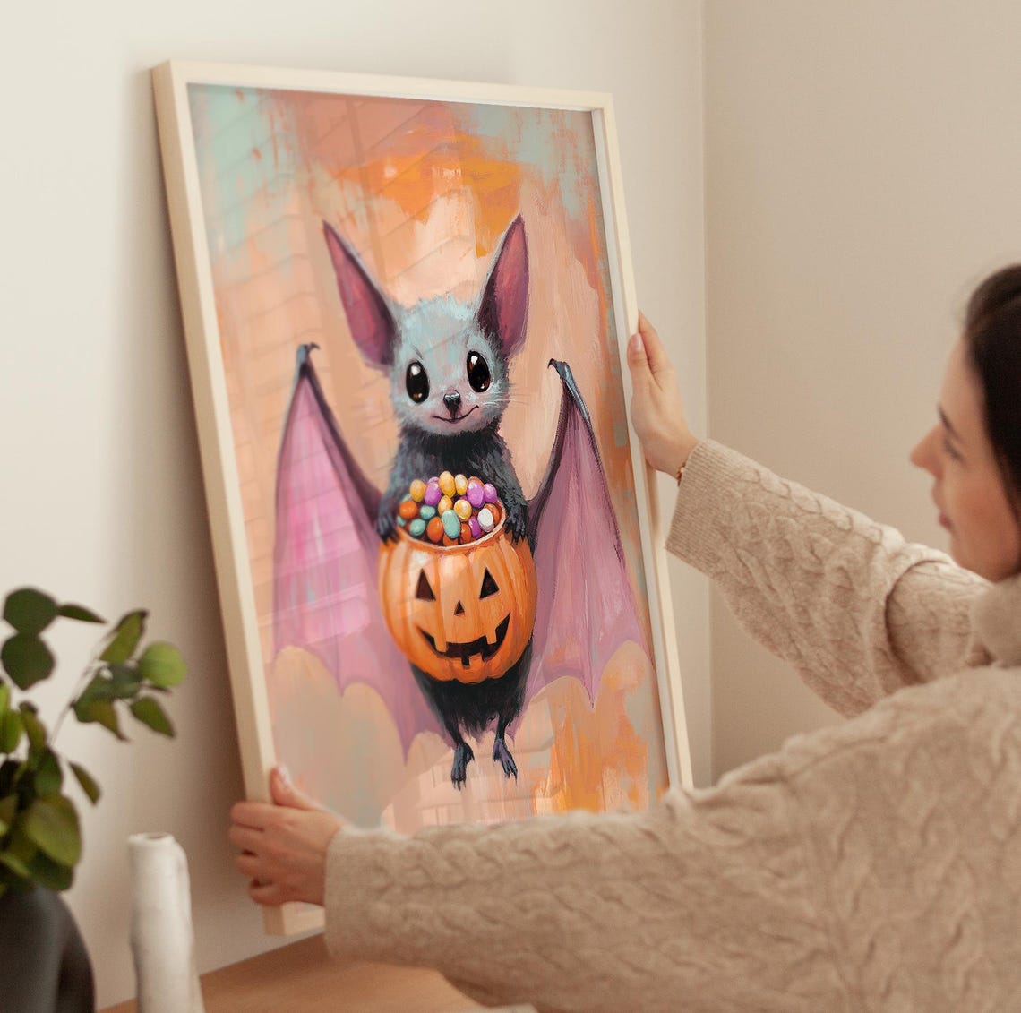 Cute Baby Bat Holding Halloween Candy Bucket Spooky Fun Art Poster - Image 3