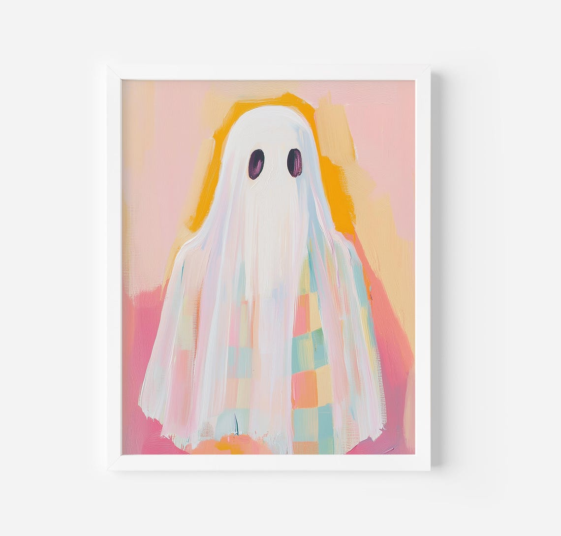 Sheet Ghost With Rainbow Plaid Peeking Out Pastel Halloween Poster