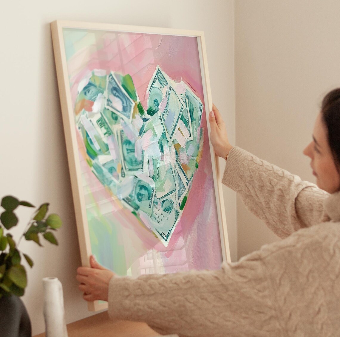 Heart Made Of Scattered Dollar Bills On Pastel Pink Background Poster - Image 3