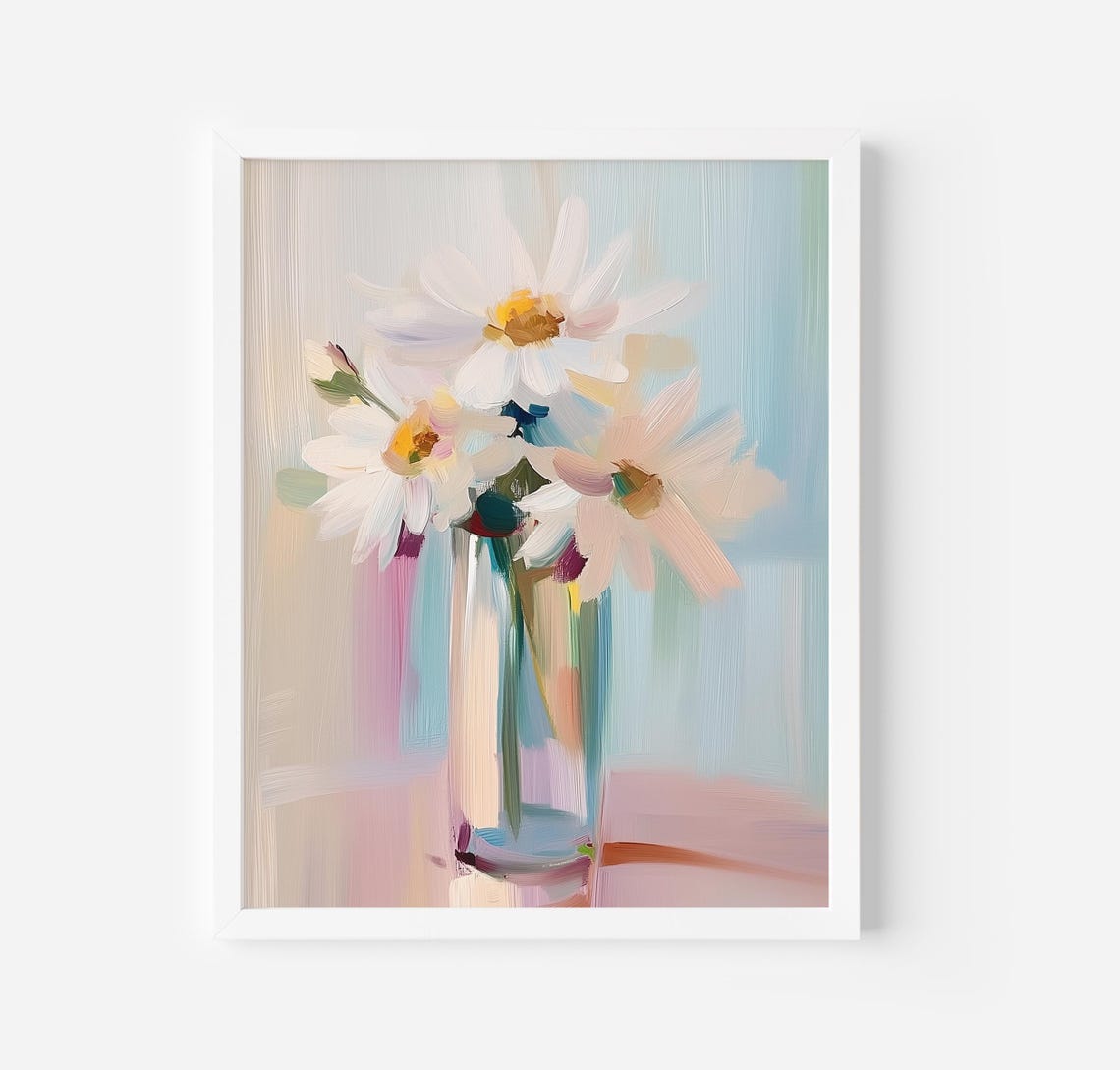 Fresh Three White Daisies In Glass Vase Soft Pastel Floral Poster