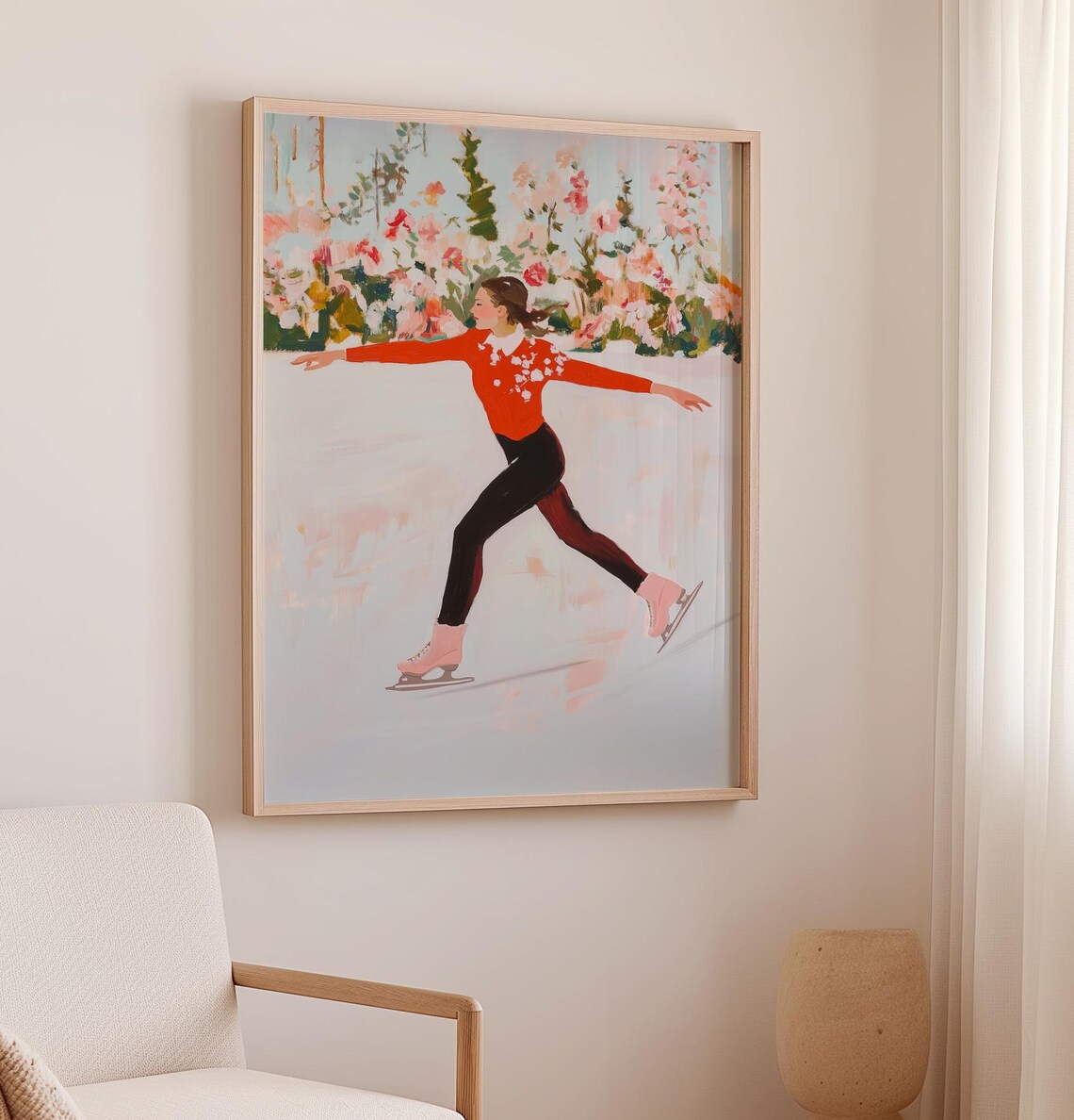 Woman Ice Skating On Outdoor Rink With Pink Flowers Winter Art Poster - Image 2