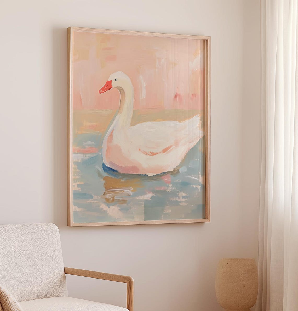 White Duck Swimming Soft Pastel Impressionist Pond Wildlife Art Poster - Image 2