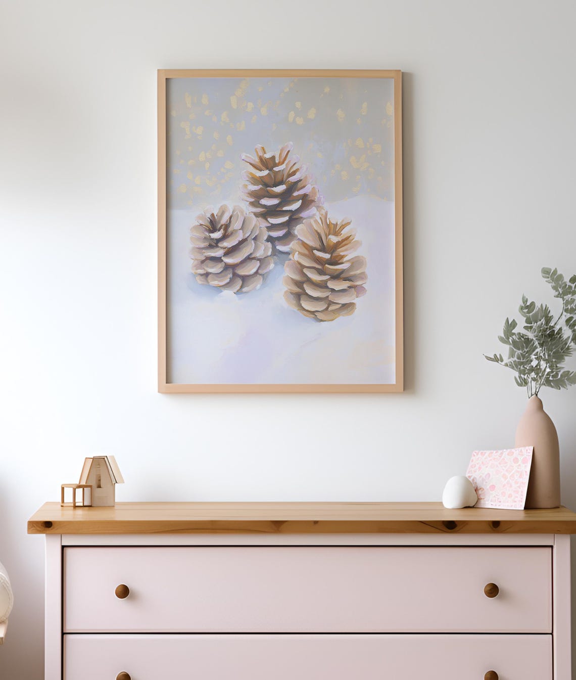 Three Pinecones In Snow With Gold Flecks Winter Holiday Poster - Image 2