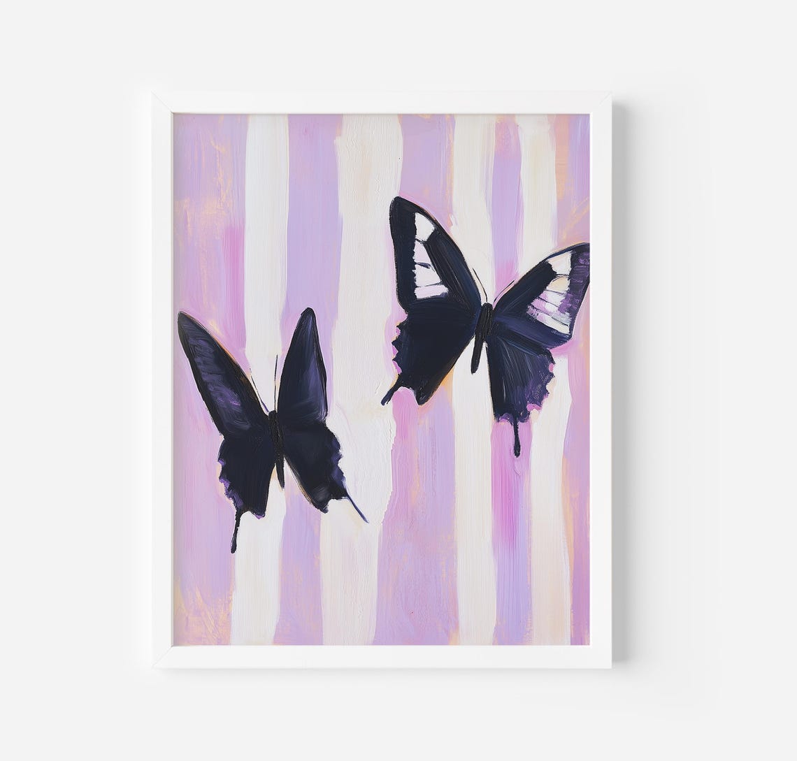 Two Elegant Black Butterflies On Lavender Stripes Art Poster