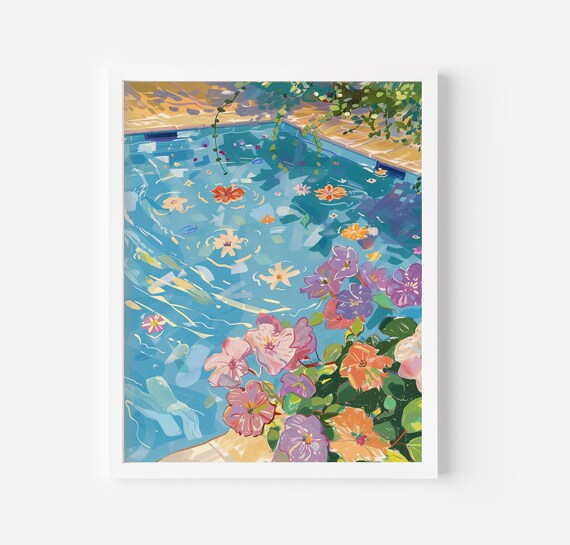 Swimming Pool With Floating Flowers Floral Summer Painting Poster