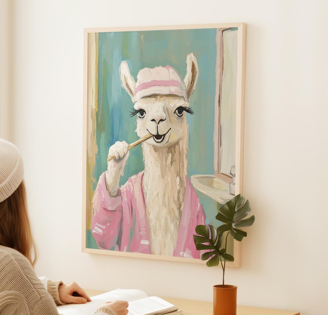 Llama Brushing Teeth in Pink Bathrobe Funny Bathroom Animal Art Poster - Image 2