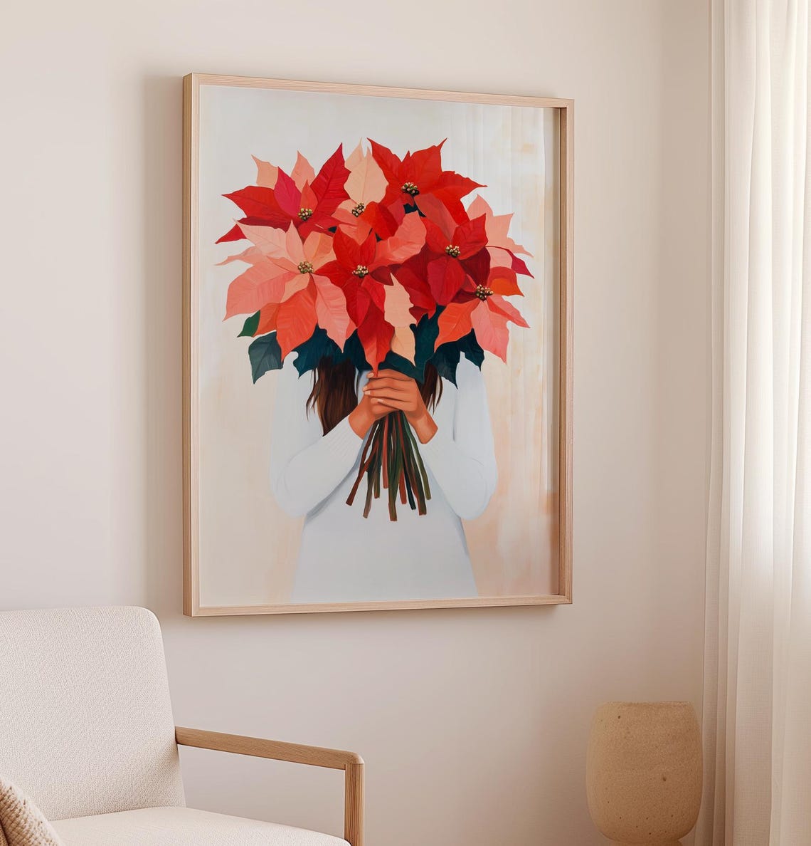 Woman Holding A Large Poinsettia Bouquet Christmas Floral Poster - Image 2