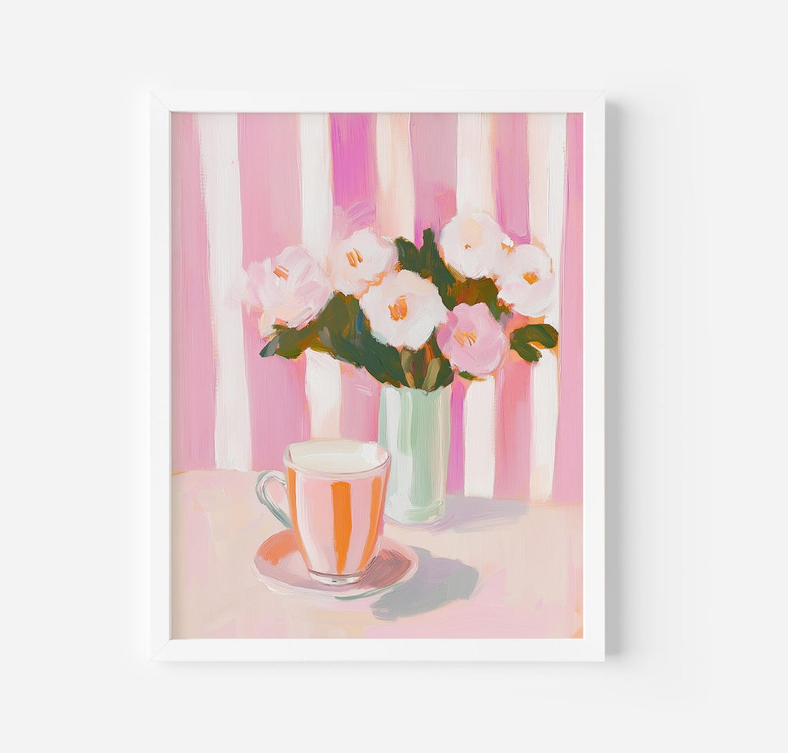 Pink Striped Teacup White Flowers Floral Still Life Art Poster