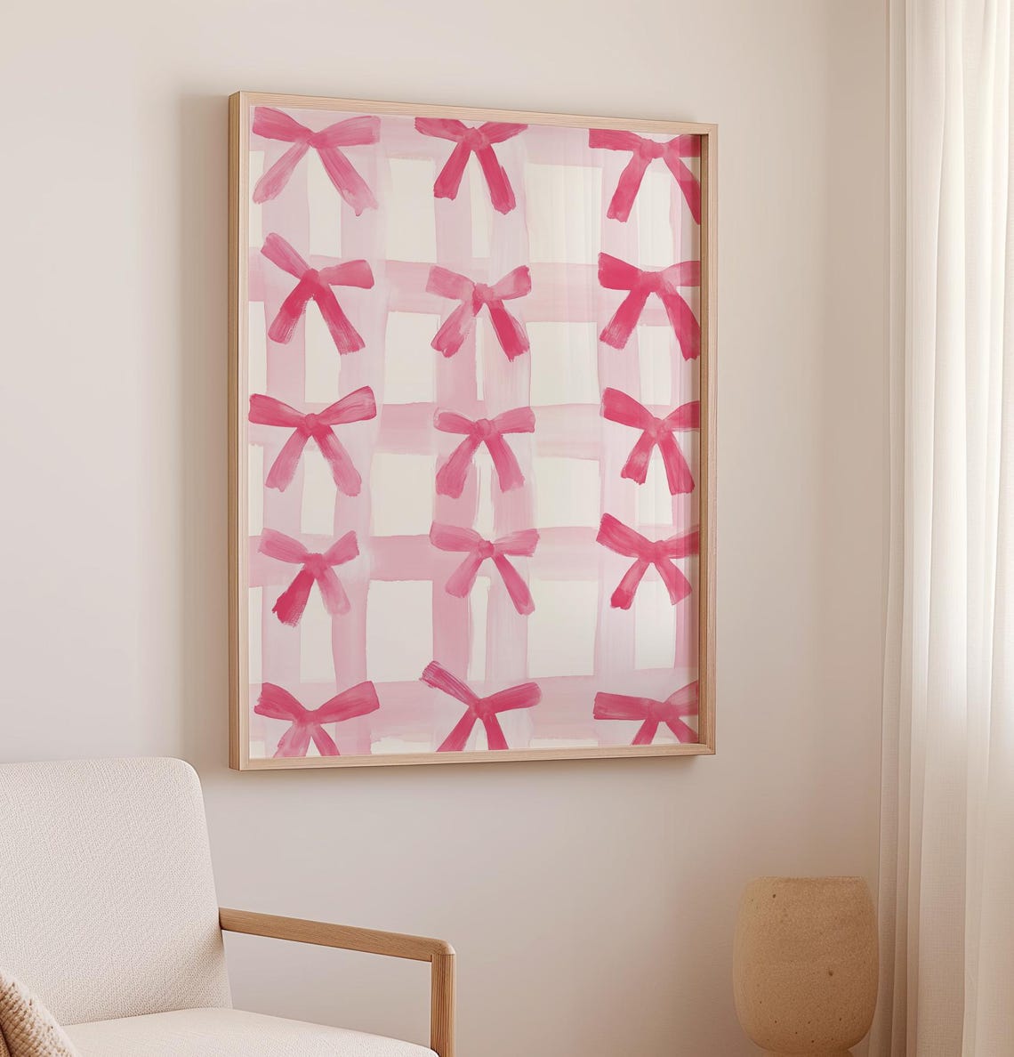 Pink Bows Grid On Gingham Pattern Coquette Room Wall Art Poster - Image 3