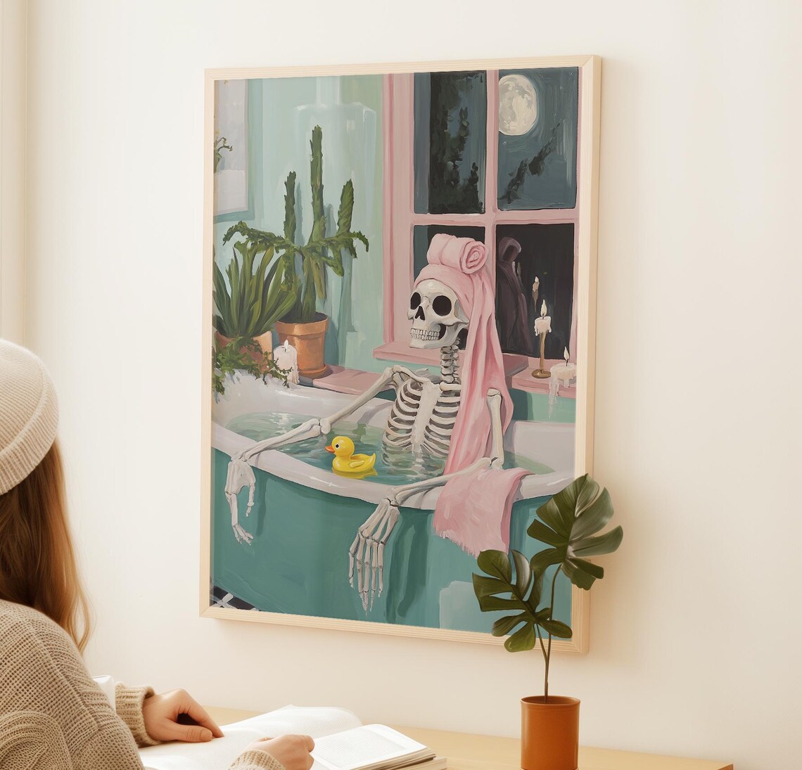 Skeleton in Bathtub, Moonlit Bathroom Wall Art Print - Image 2