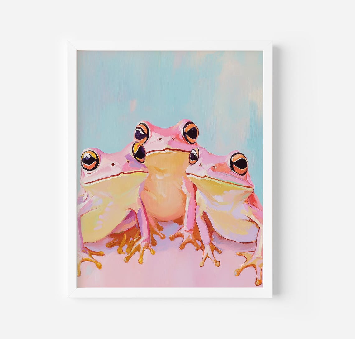 Playful Three Cute Pink Frogs Whimsical Pastel Nursery Art Poster