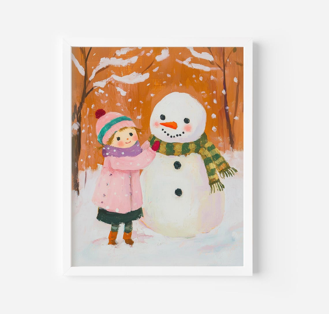 Little Girl Building Snowman In Snowy Forest Winter Art Poster