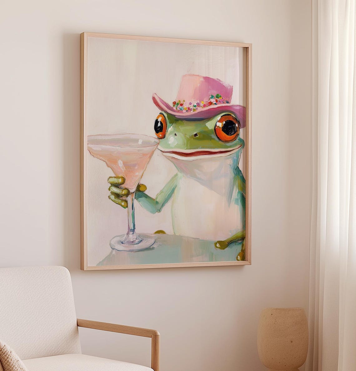 Dapper Green Frog In Pink Top Hat Holding A Cocktail Art Poster - Image 2