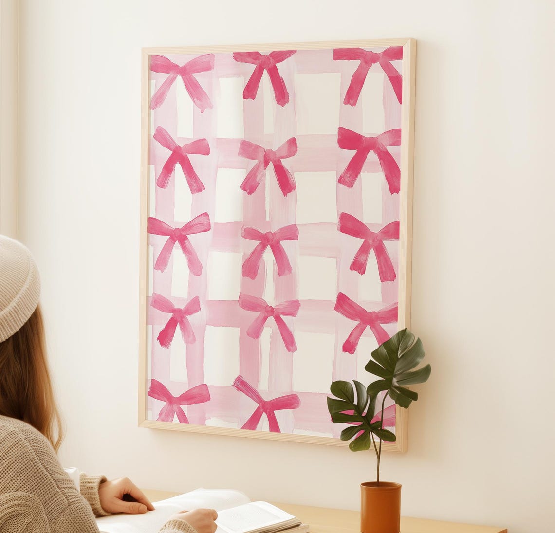 Pink Bows Grid On Gingham Pattern Coquette Room Wall Art Poster - Image 2