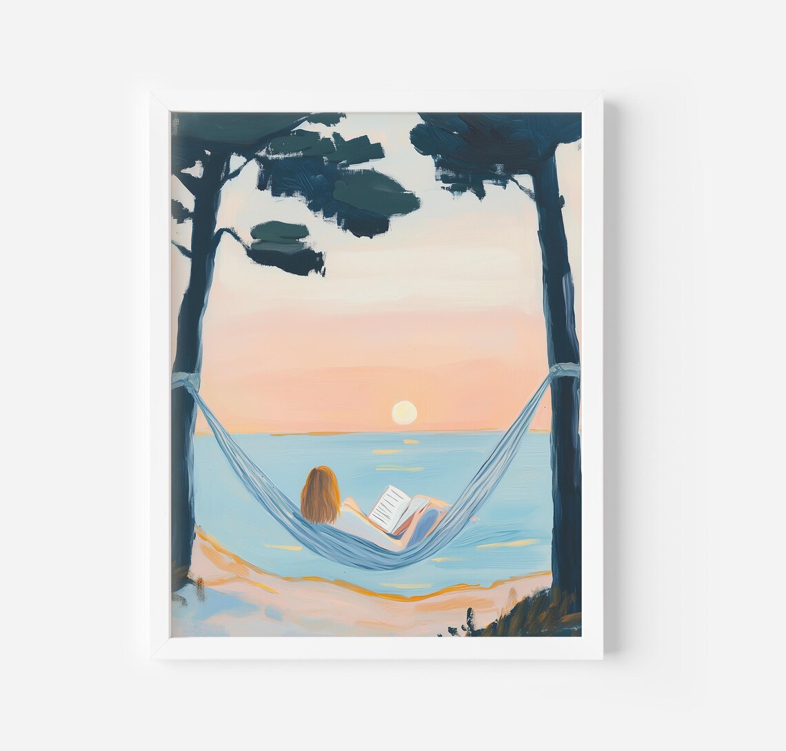 Girl Reading at Sunset Beach Hammock Art Print