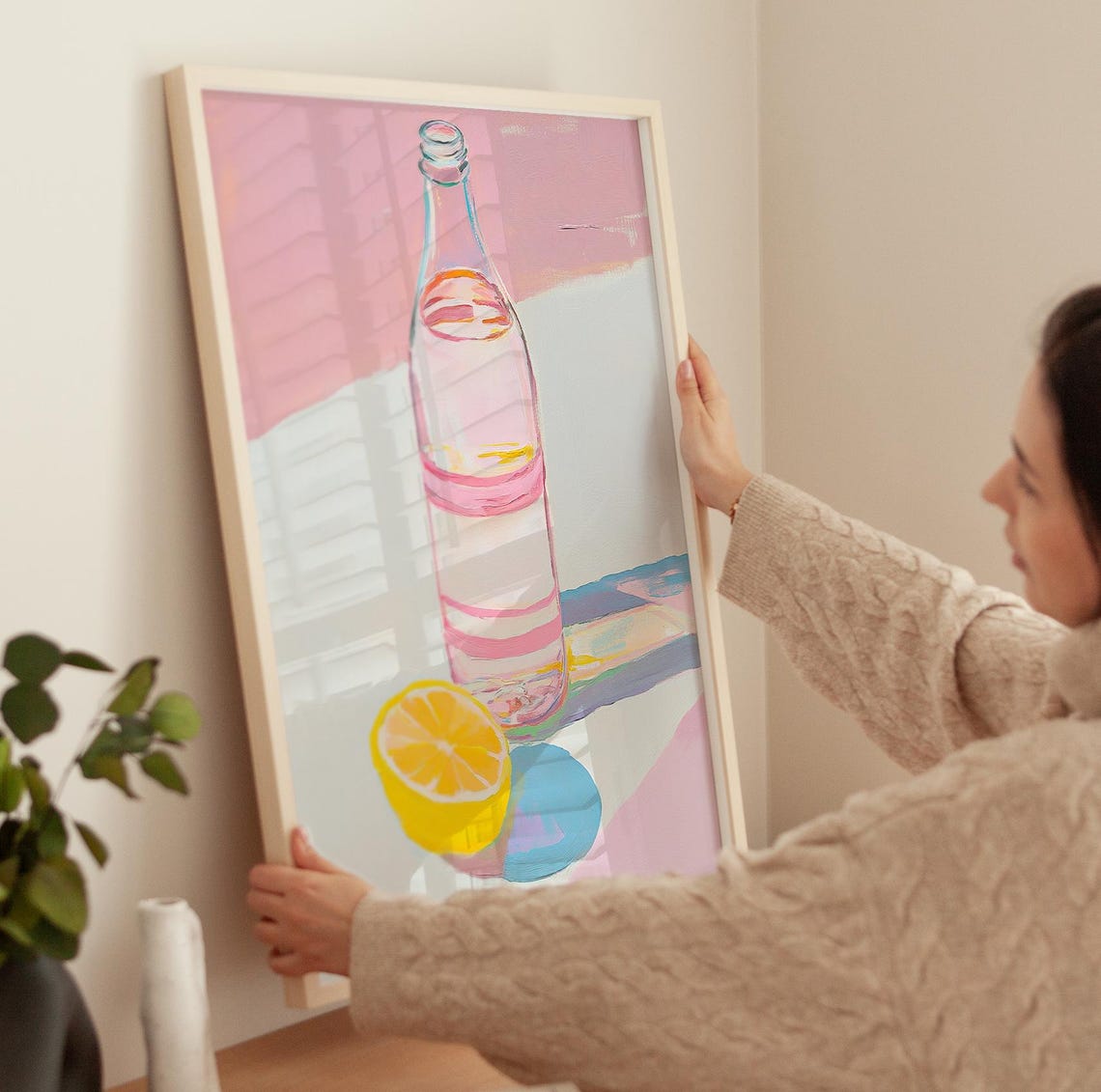Pink Sparkling Water Bottle with Lemon Summer Still Life Drink Poster - Image 3
