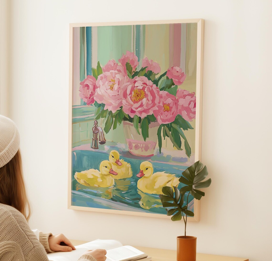 Ducks In The Bathtub Art Print, Pink Roses Bathroom Decor - Image 2