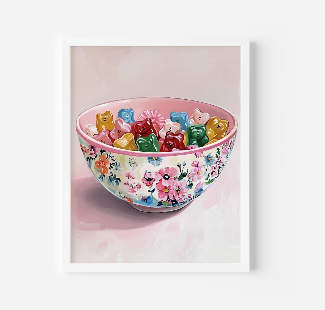 Gummy Bear Candy Bowl Floral Pattern Playful Pink Dessert Wall Poster