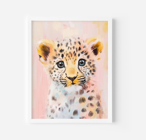 Adorable Baby Leopard Cub Big Eyes Sweet Pastel Safari Nursery Art Poster