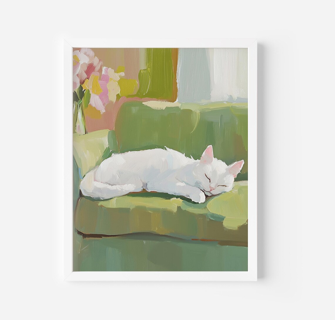 Sleeping White Kitten Art Print, Cozy Cat Wall Art