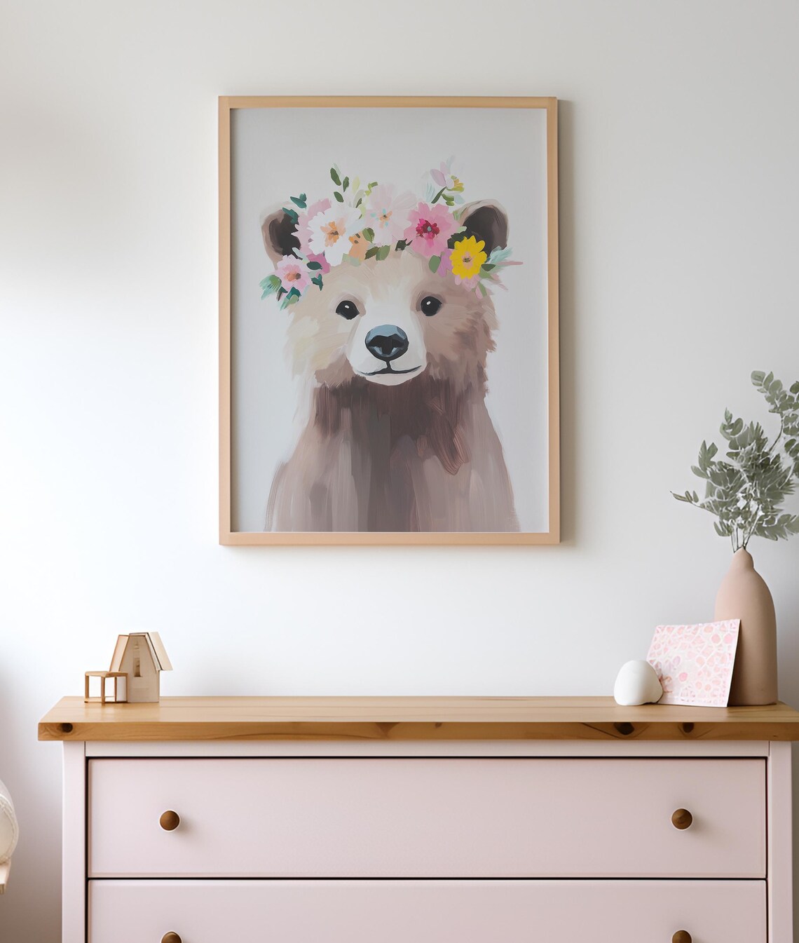 Cute Baby Bear Portrait With A Pastel Floral Crown Nursery Poster - Image 3