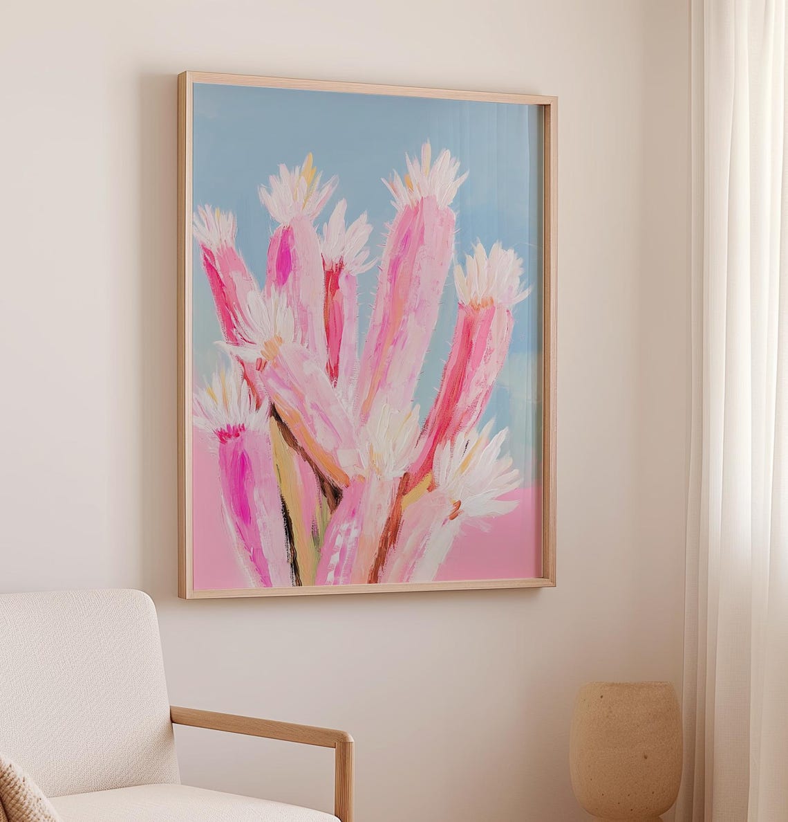 Pink Flowering Cactus Pastel Blue Sky Trendy Desert Plant Poster - Image 2
