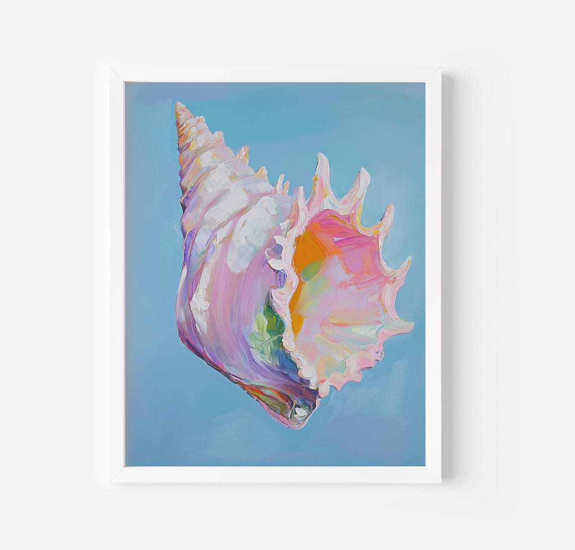 Pastel Conch Seashell on Sky Blue Coastal Beach House Decor Poster