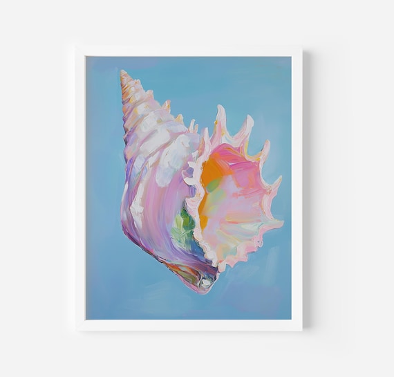 Pastel Conch Seashell on Sky Blue Coastal Beach House Decor Poster