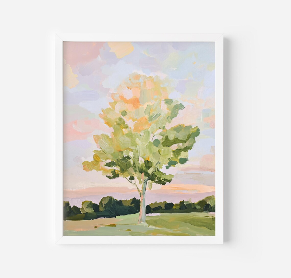 Tree Blue Sky Painting, Trendy Nature Landscape Art Print