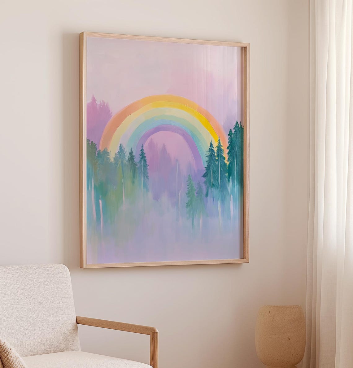 Pastel Rainbow Over Misty Pine Forest Nursery Art Painting Poster - Image 2