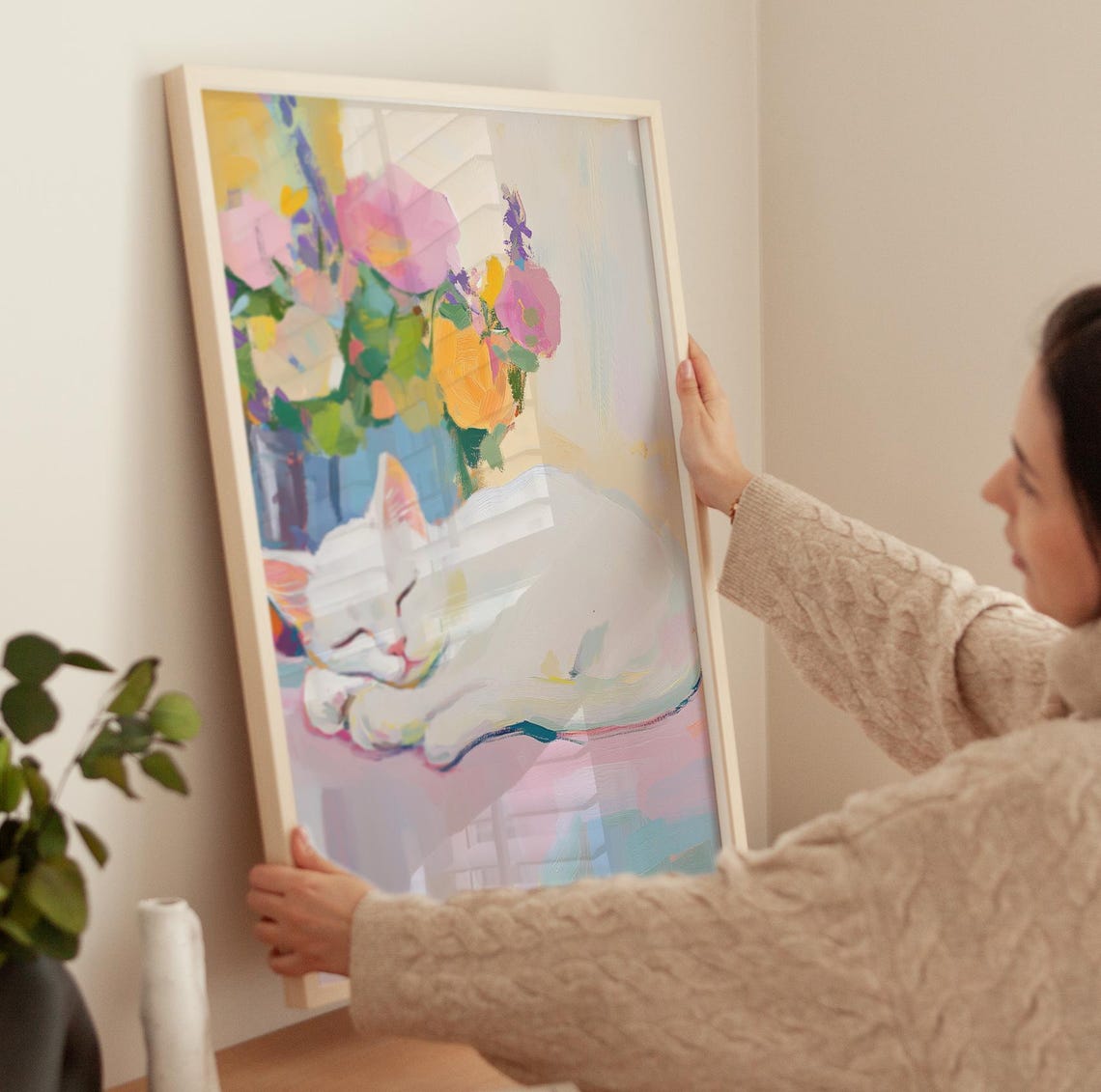 Sleeping White Cat With Pastel Flower Bouquet Floral Cat Poster - Image 3