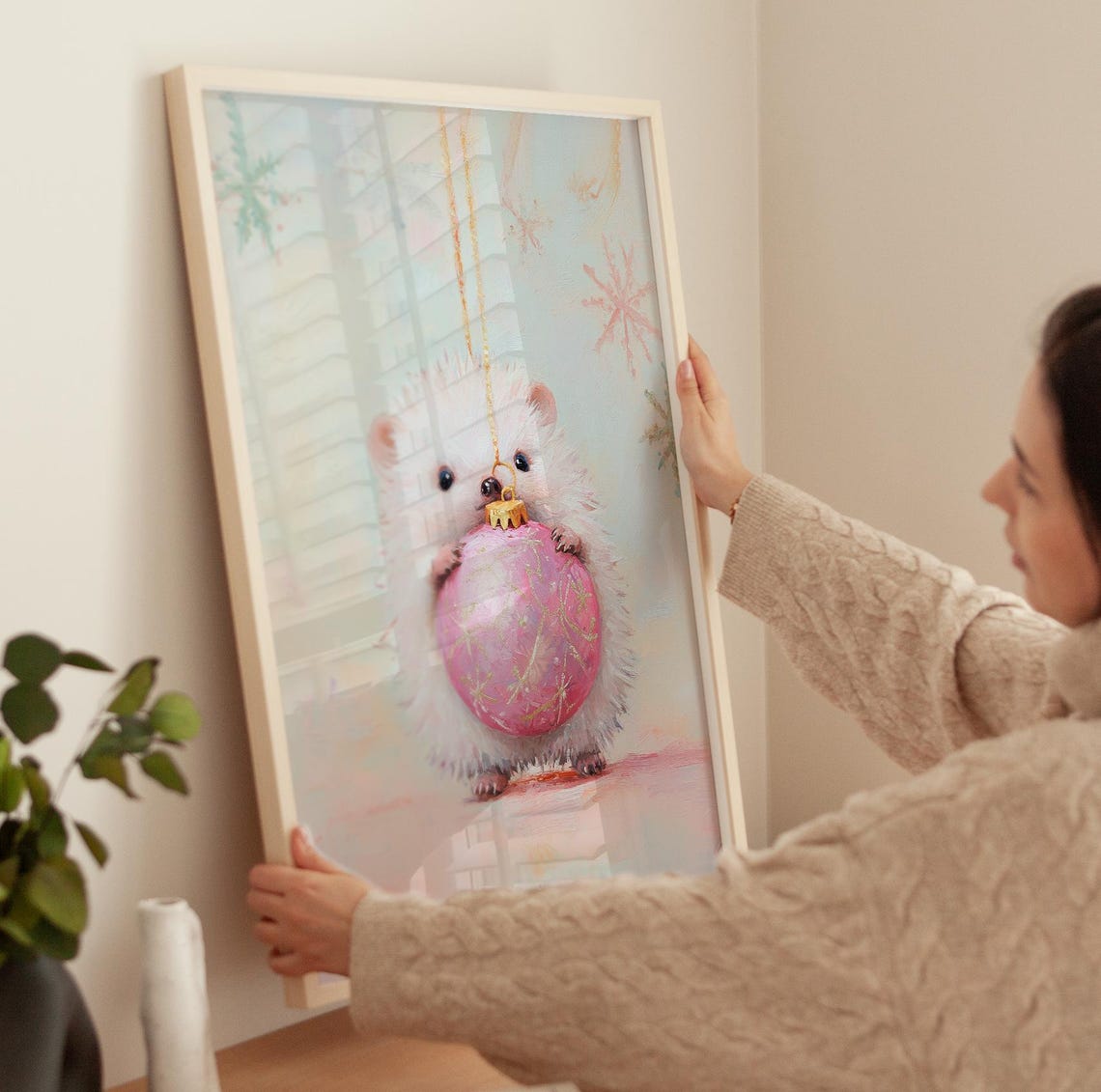 Cute White Hedgehog Holding Pink Christmas Ornament Winter Art Poster - Image 3