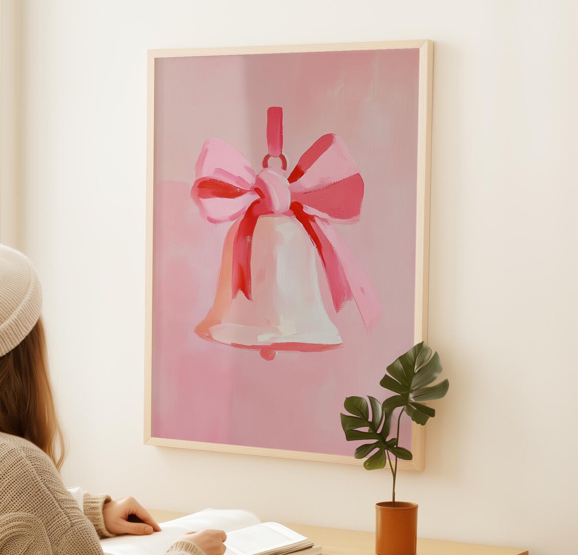 Pink Christmas Bells Festive Holiday Wall Art Print