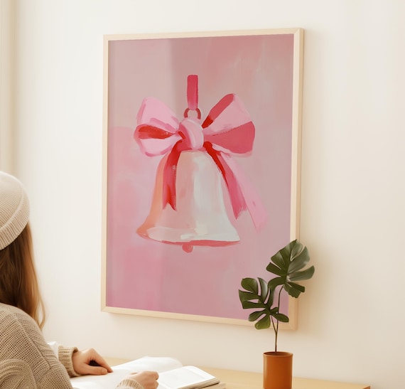 Pink Christmas Bells Festive Holiday Wall Art Print
