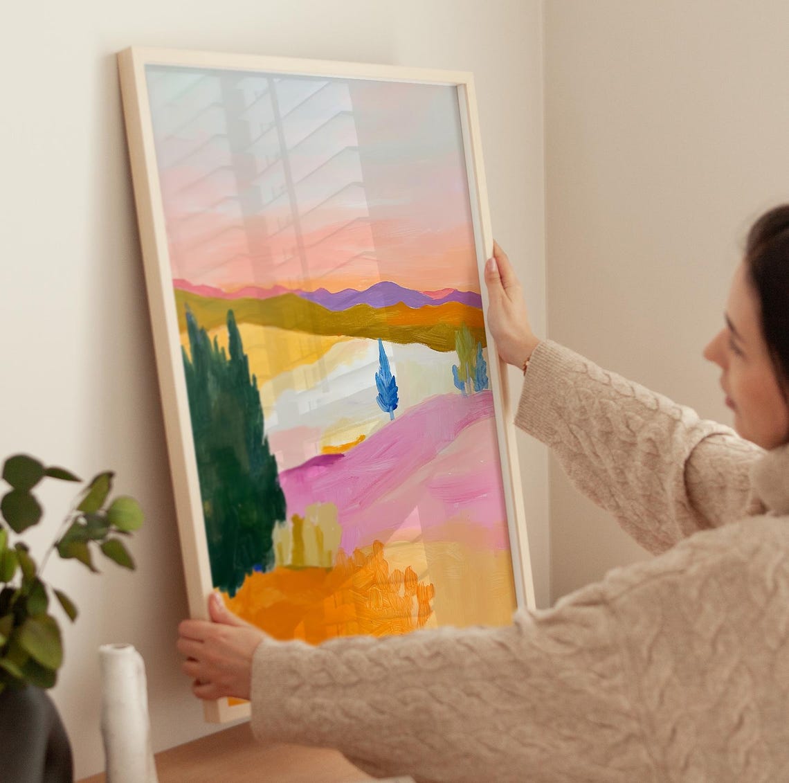 Pink Hills Orange Fields Colorful Impressionist Landscape Poster - Image 3