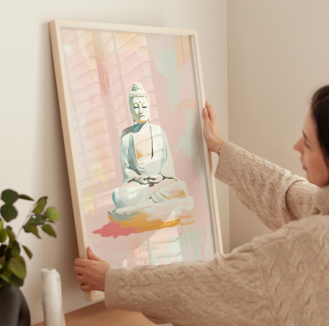 Serene White Buddha Meditating Pastel Spiritual Calm Mindful Zen Wall Poster - Image 4