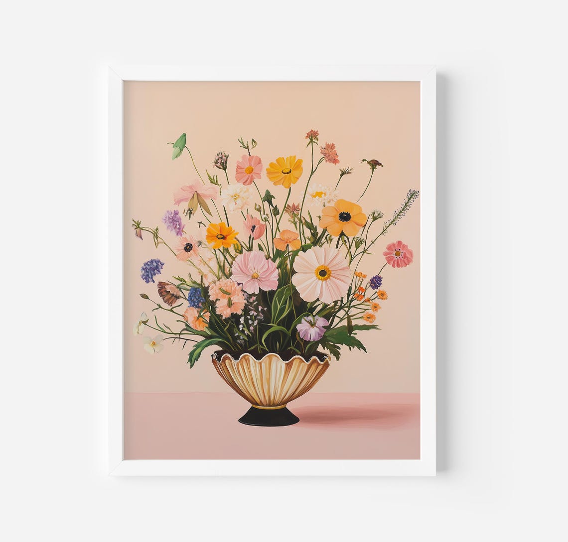 Wildflower Bouquet In Scalloped Gold Vase Soft Floral Wall Poster