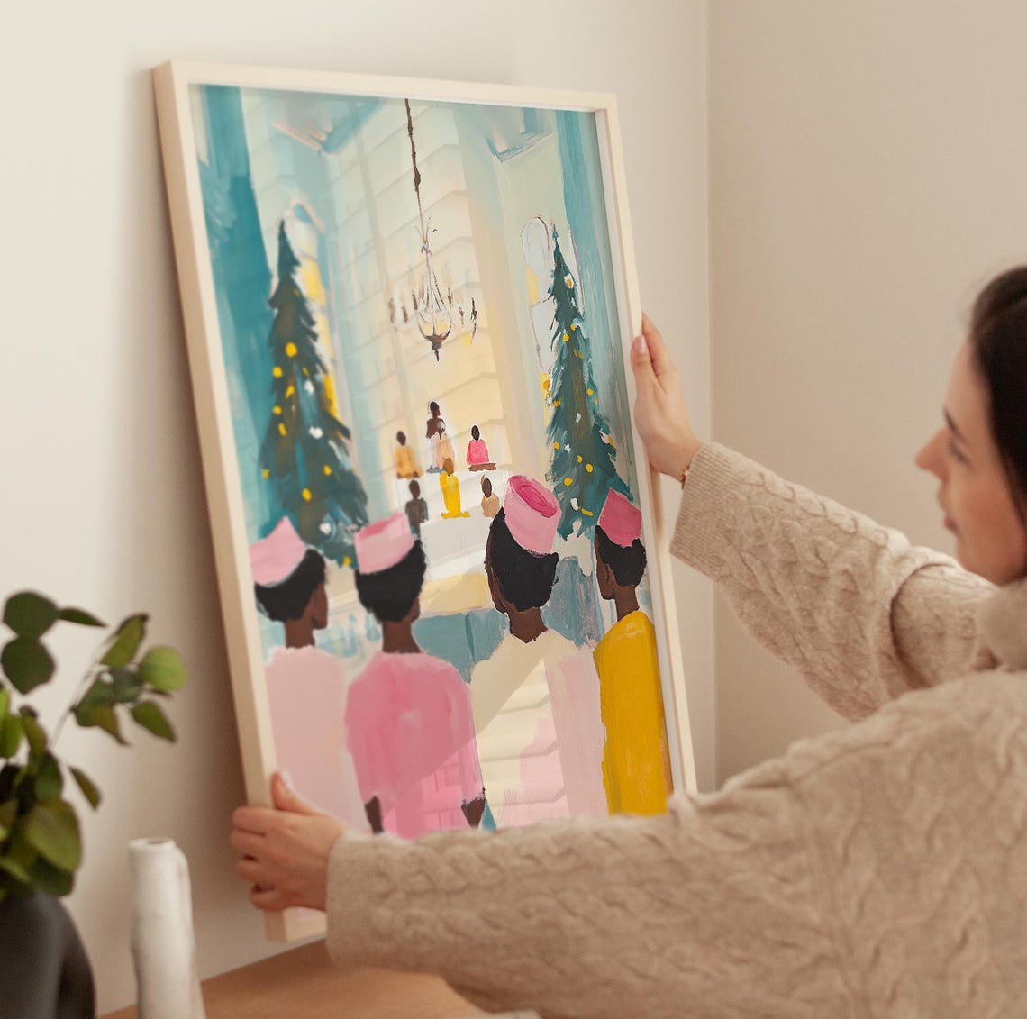 Girls In Christmas Church Painting Pink Christmas Print Winter Holiday Wall Art Girly Festive Print December Trees Art - Image 3