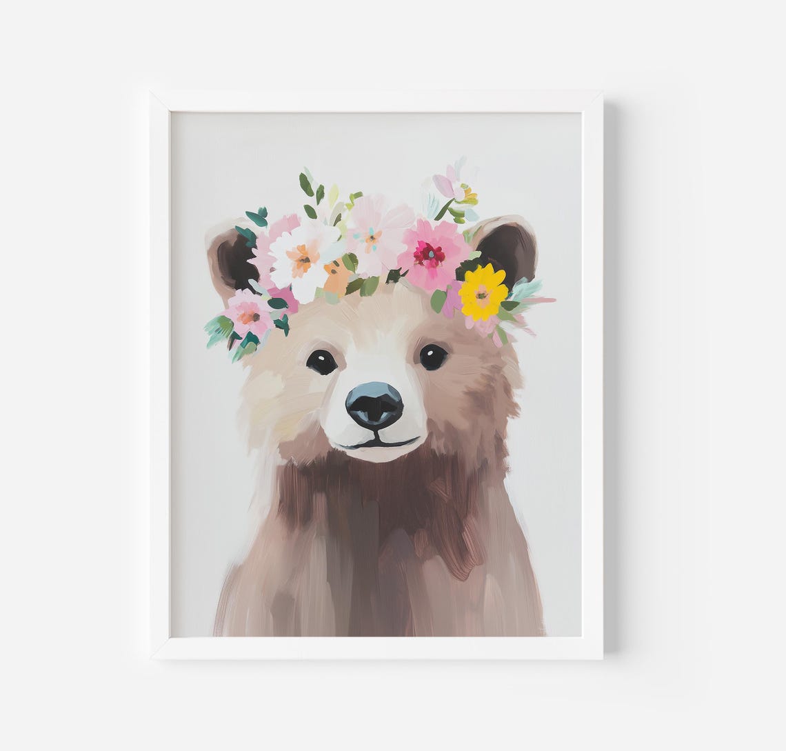 Cute Baby Bear Portrait With A Pastel Floral Crown Nursery Poster
