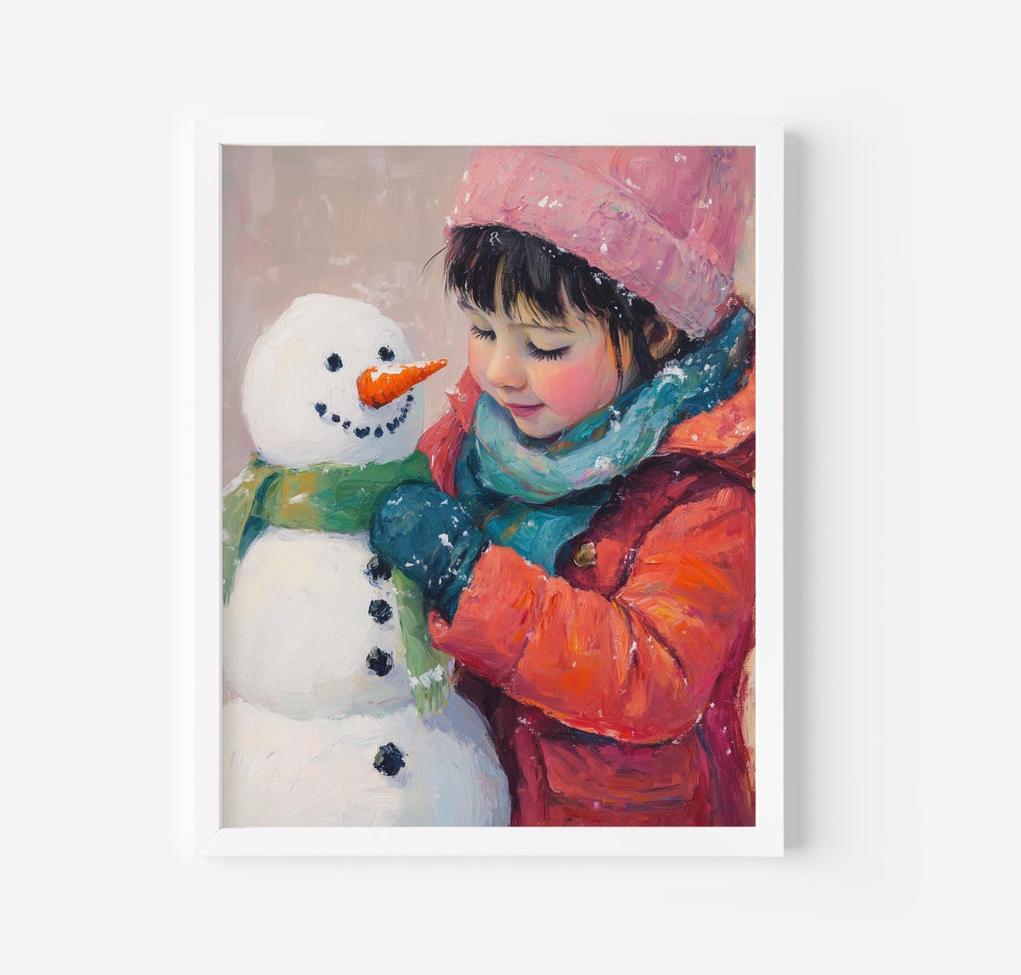 Girl And Snowman Print Trendy Christmas Art Print Girls Room Holiday Print Winter Wall Decor Snowman Print Nursery Art