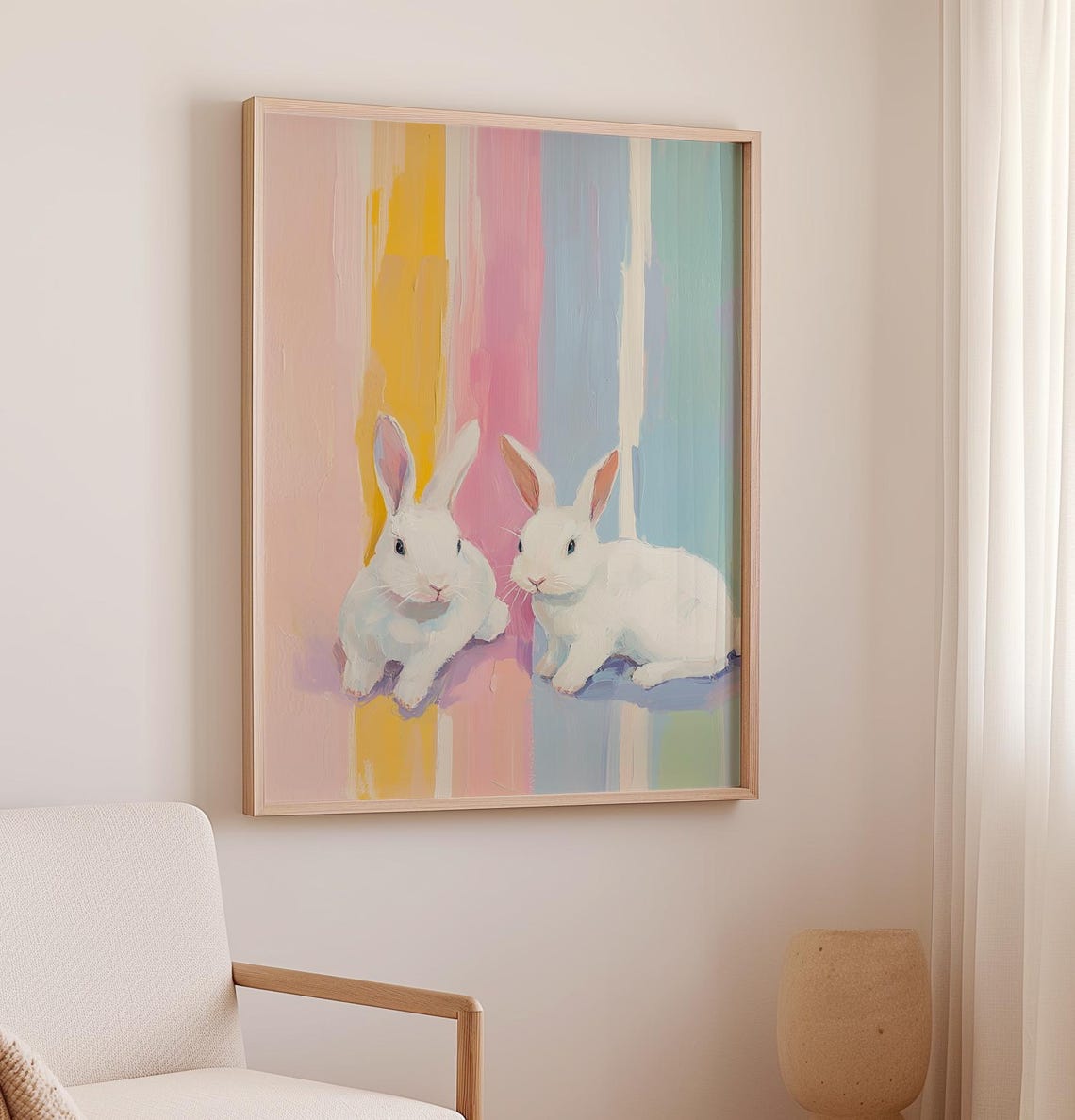 White Bunnies Pastel Striped Nursery Easter Rabbit Art Poster - Image 2