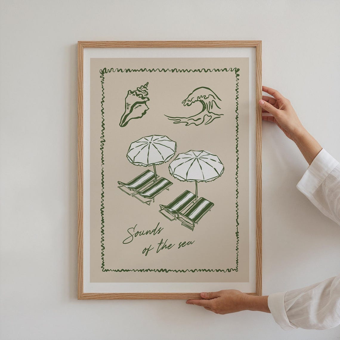 Sounds Of The Sea Print Beach Umbrellas Loungers Green Line Art Poster