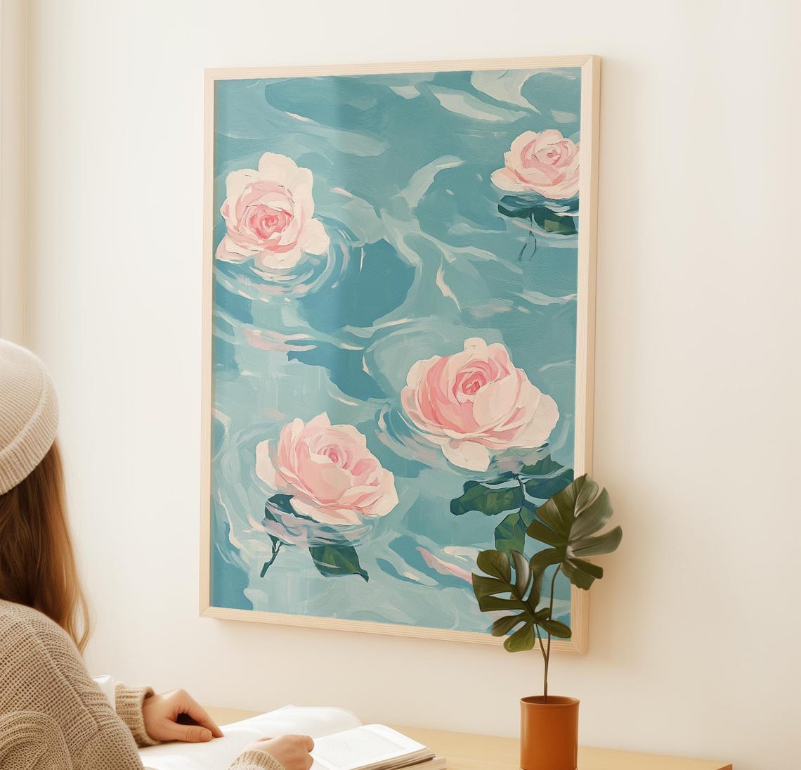 Pink Roses Floating On Turquoise Water Ethereal Floral Art Poster - Image 2