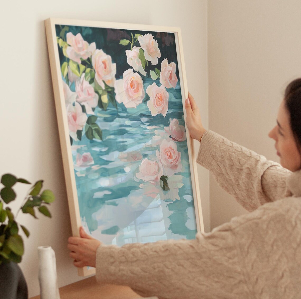 Pink Roses Lake Art Print, Spring Floral Aesthetic