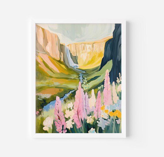 Pink Lupine Meadow Valley Waterfall Pastel Mountain Scenery Poster