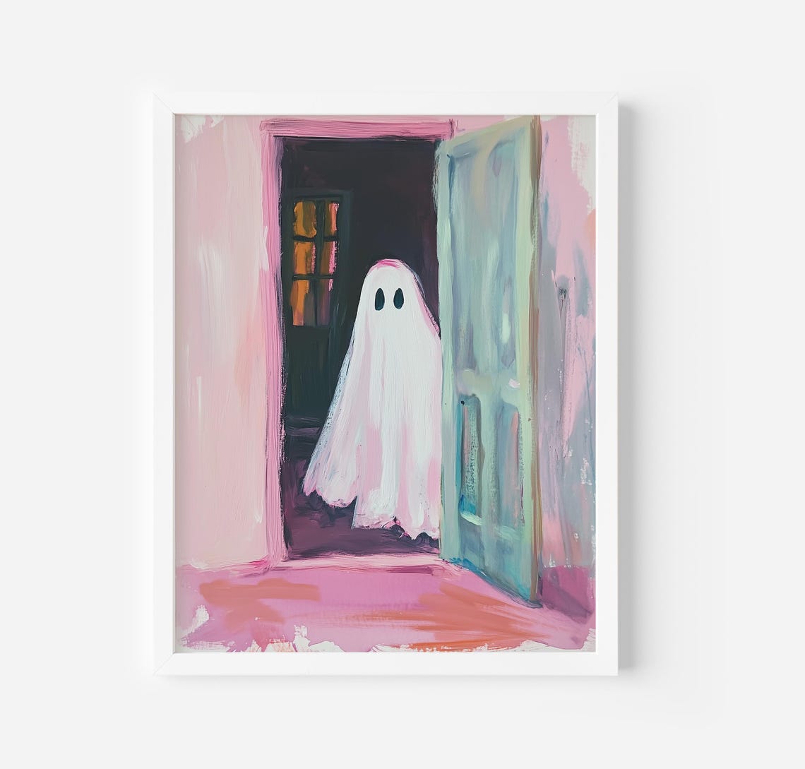 Cute Ghost In Pink Doorway Halloween Pastel Spooky Season Poster