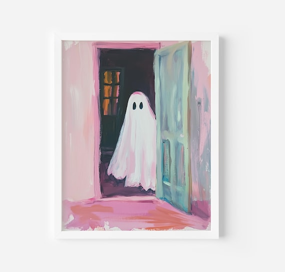 Cute Ghost In Pink Doorway Halloween Pastel Spooky Season Poster
