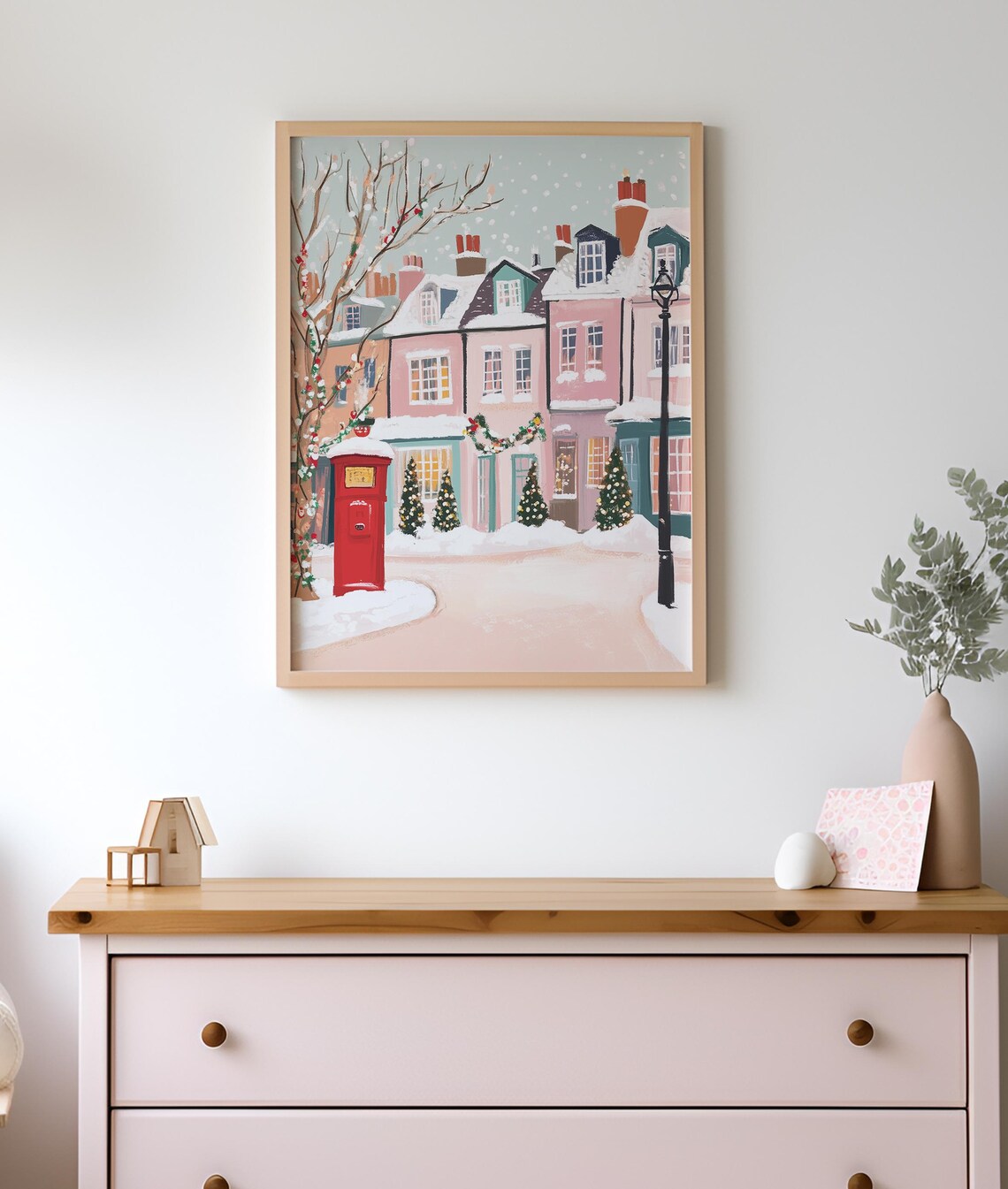 Cute Winter Town Art Print, Pink Christmas Decor - Image 2
