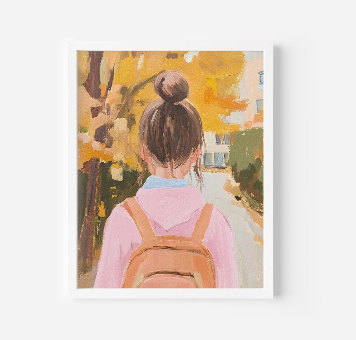 Girl With Bun And Backpack Walking Autumn Street Painting Poster